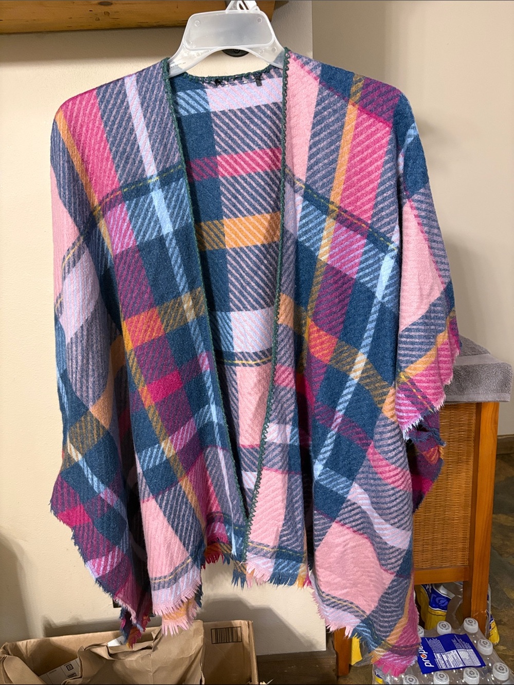 Plaid Open-Front Poncho Wrap in Pink & Blue